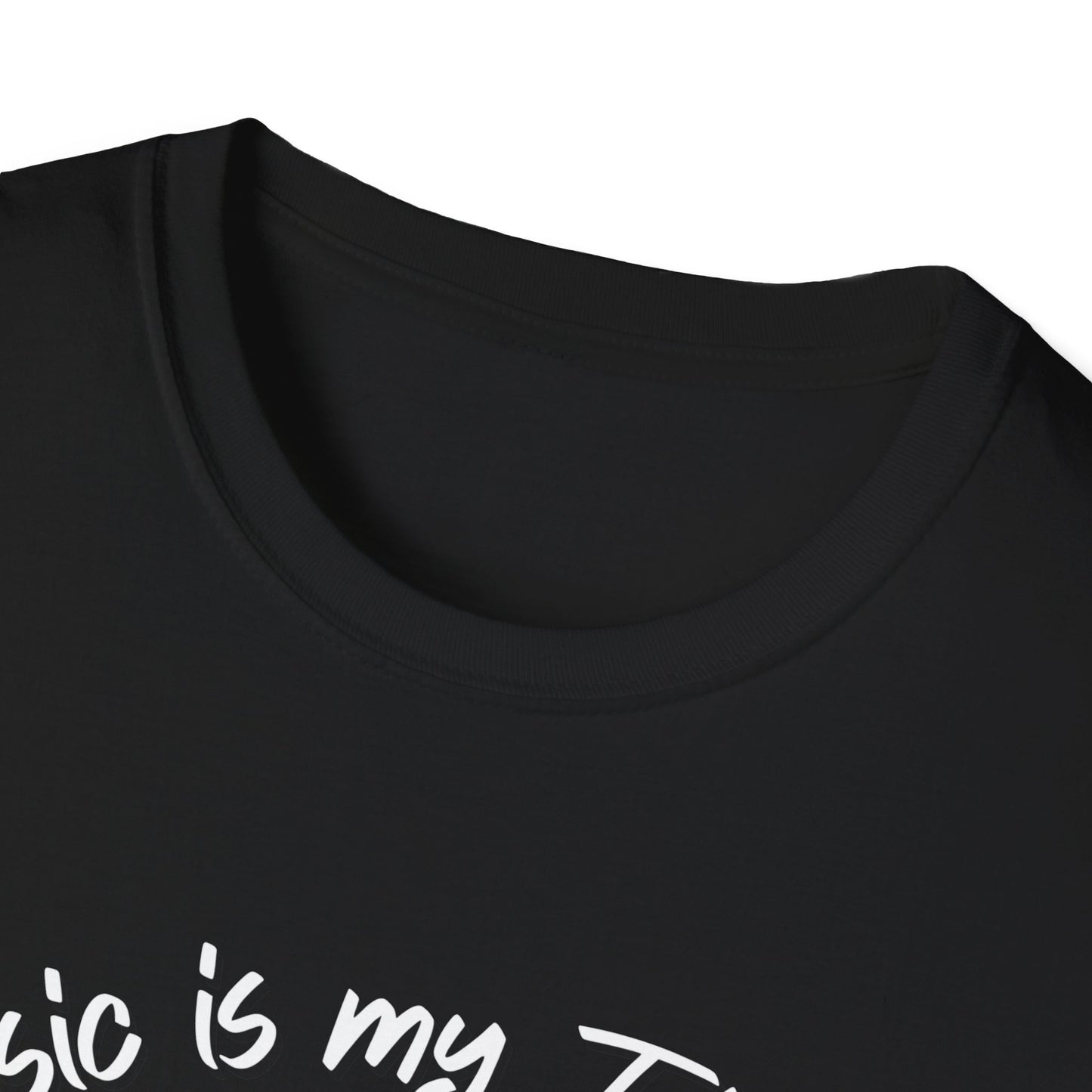 Short sleeve t-shirt with piano design (Music is my therapy)