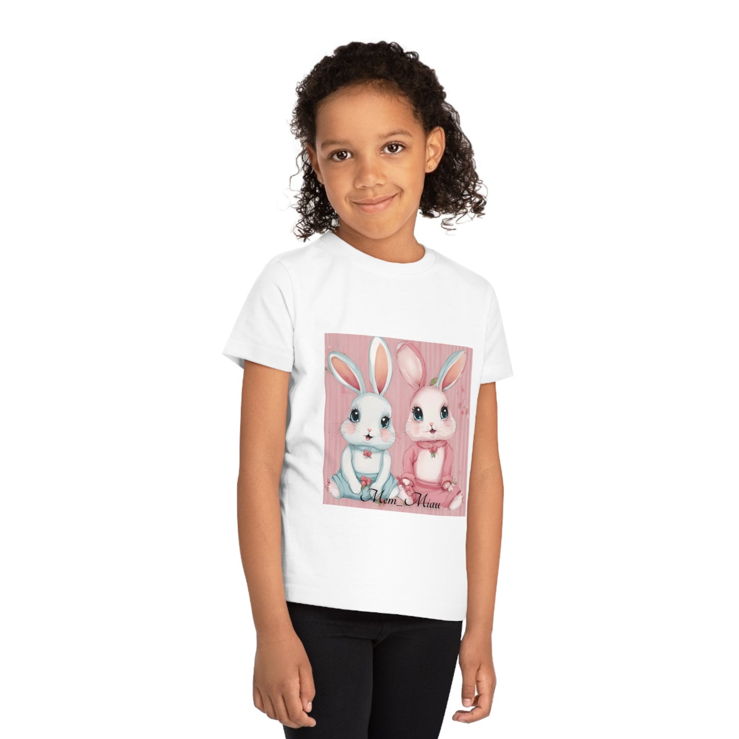 Girl's short-sleeved T-shirt with two rabbits design, Mem-Miau