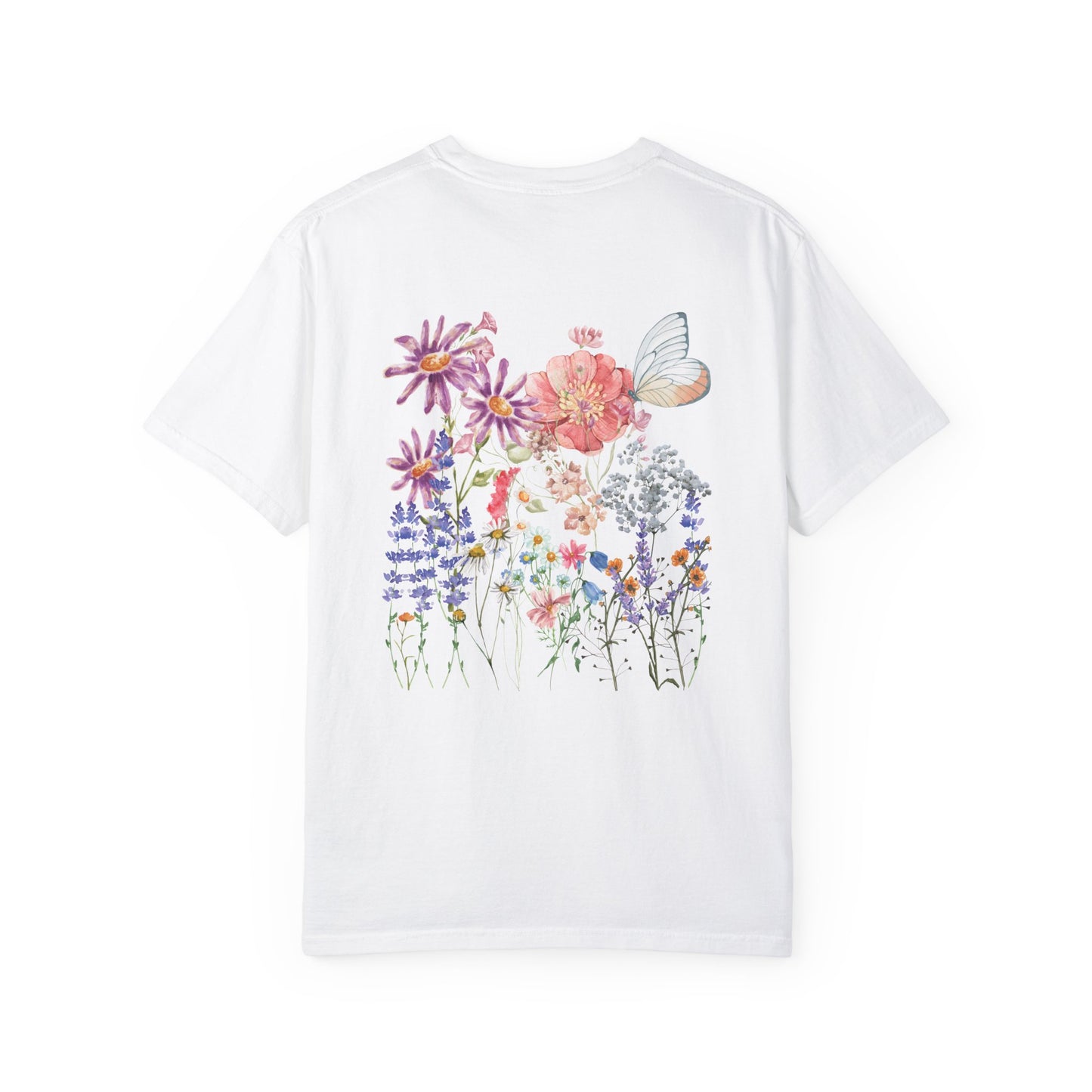 Camiseta con estampado de flores salvajes en la espalda y pequeño diseño en la parte frontal.
