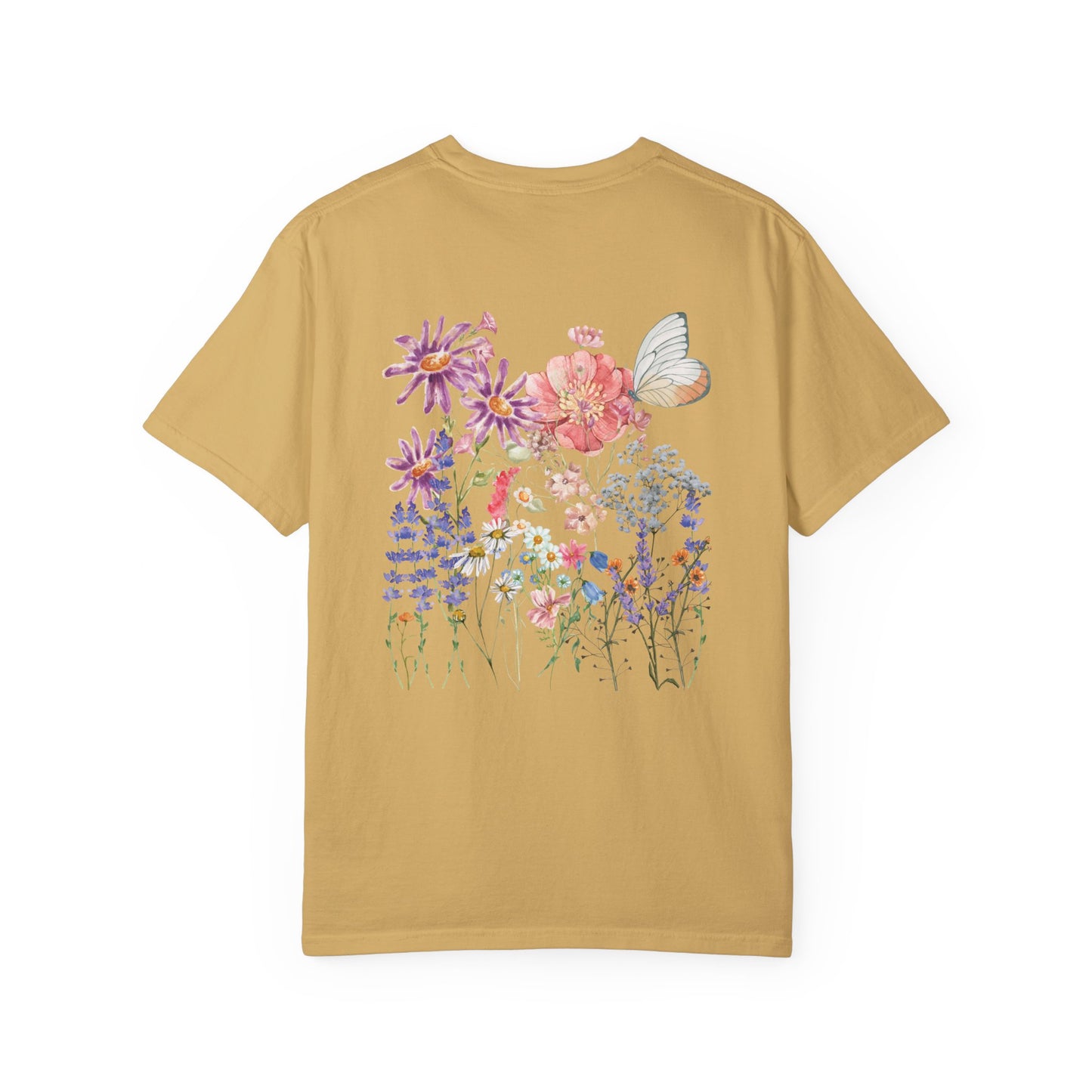 T-shirt with wild flower print on the back and small design on the front.