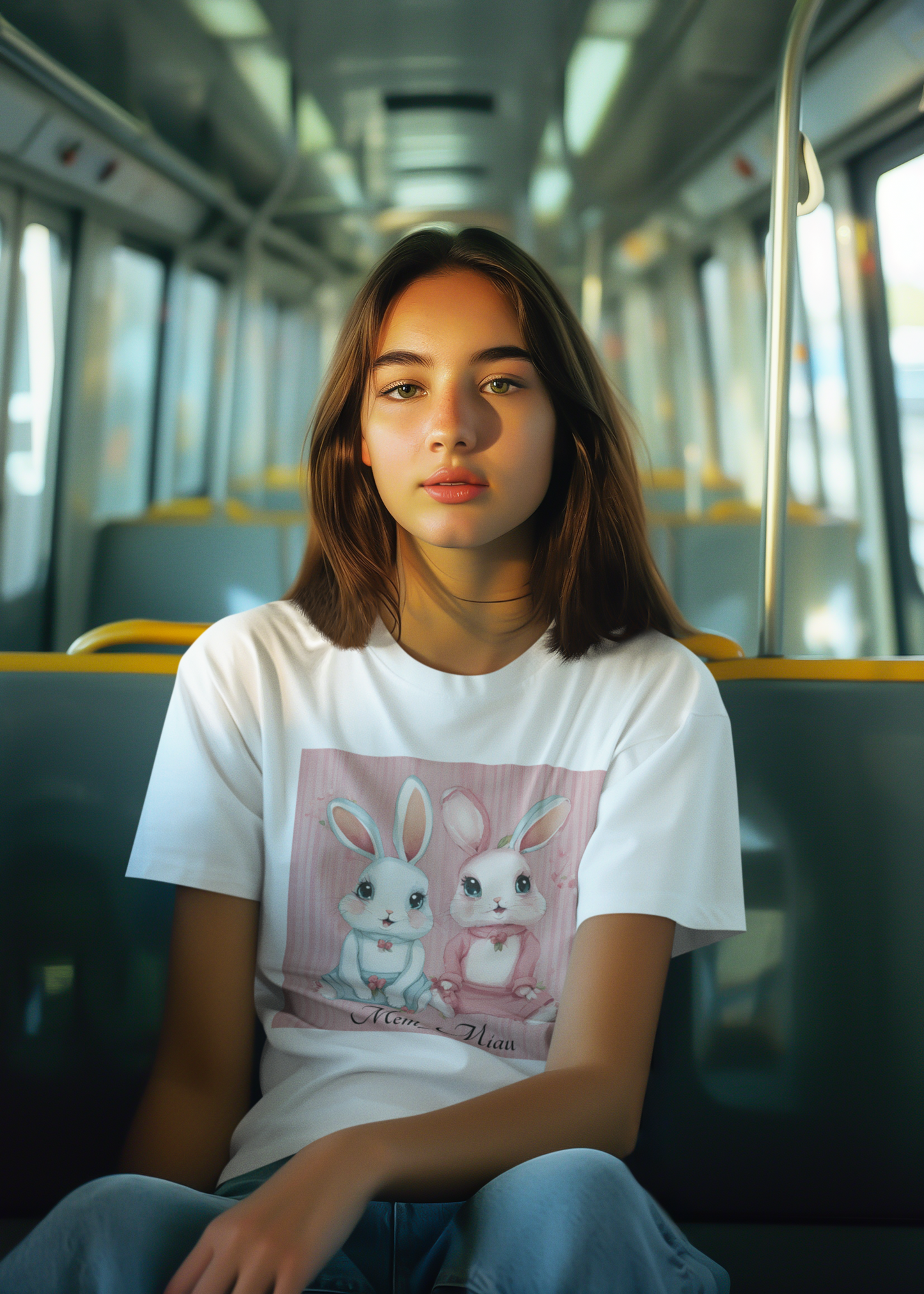 Kurzarm-T-Shirt für Mädchen mit zwei Kaninchenmotiv, Mem-Miau