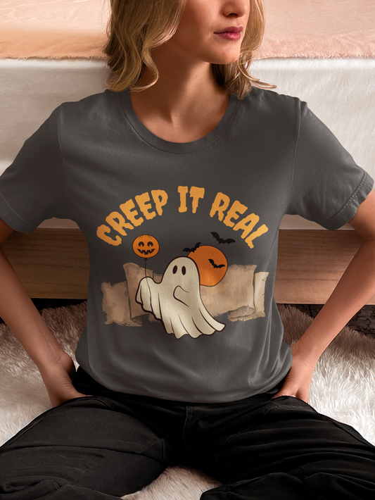 Retro Vintage Halloween T-Shirt with Ghost and Phrase "Creep It Real"